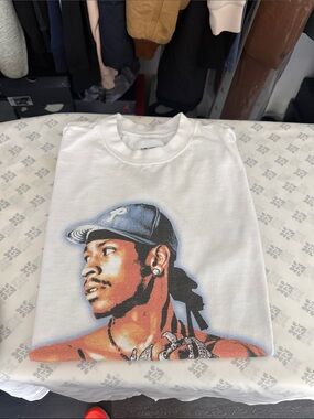 White Graphic Men’s T-Shirt with Blue and Brown Portrait Print